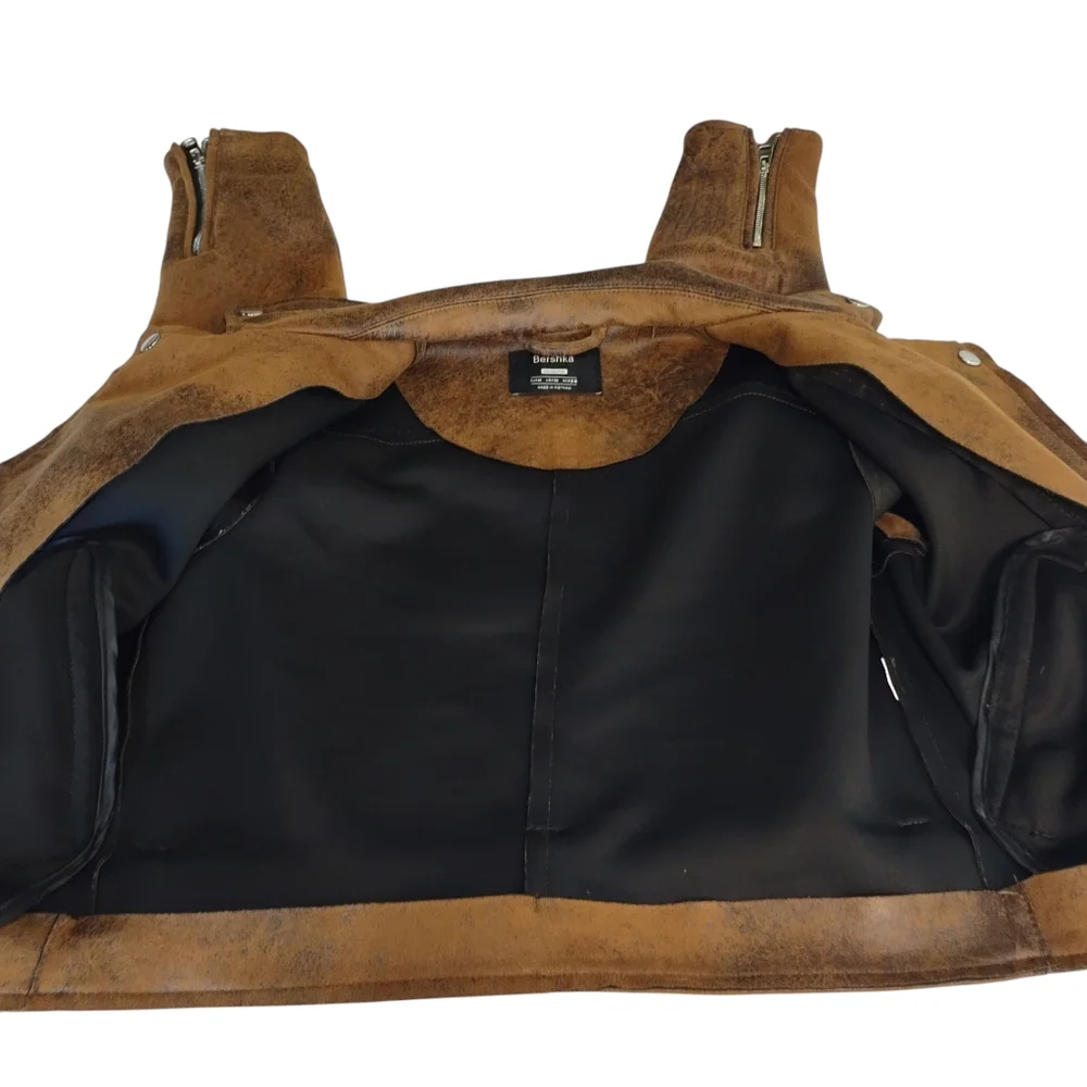 Bershka Women's Size Medium Brown Faux Suede /Leather Cropped Jacket ZIP Up Belt - Picture 7 of 8